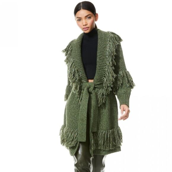 Alice + Olivia Sweaters - Alice + Olivia Astrid Shawl Collar Coat Jacket Olive Green Wool Fringe Size XS/S